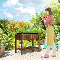 Outsunny Wooden Raised Garden Bed, Elevated Planter Box with Storage Shelf, Drainage Holes and Liner, 34"x18"x30", Carbonized(m-10)