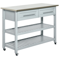 HOMCOM Kitchen Island with Stainless Steel Top, Traditional Kitchen Island with Storage, Butcher Block Cart 2-Tier Open Shelves, Drawers, Light Gray