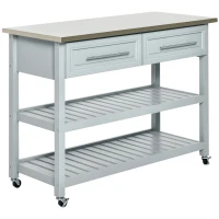 HOMCOM Kitchen Island with Stainless Steel Top, Traditional Kitchen Island with Storage, Butcher Block Cart 2-Tier Open Shelves, Drawers, Light Gray(m-1)