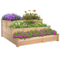 Outsunny 49" x 49" x 22" 3-Tier Raised Garden Bed Wooden Planter Kit Elevated Plant Box Stand for Yard, Patio, Natural(m-11)