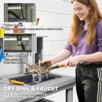 Outsunny Outdoor Potting Bench Table with Faucet, Removable Sink, Hooks and Storage Shelves, Wood Work Bench Workstation, Grey(m-5)