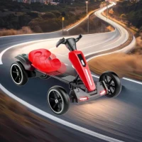 12V Electric Pedal Go-Kart for Kids with Adjustable High-Back Seat, Ride-On Truck with Music/Flashing Lights, 38'' L x 22.5'' W x 19.5'' H, Red(m-1)