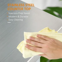 HOMCOM Kitchen Island with Stainless Steel Top, Traditional Kitchen Island with Storage, Butcher Block Cart 2-Tier Open Shelves, Drawers, Light Gray(m-4)