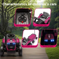 12V Kids Electric Ride-On Tractor with Bluetooth Music, 2-in-1 Tilting Trailer Bulldozer with Remote Control, 56.5" L x 19.5" W x 35" H, Magenta(m-7)