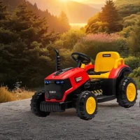 12V Kids Electric Ride-On Tractor with Bluetooth Music, 2-in-1 Tilting Trailer Bulldozer with Remote Control, 56.5" L x 19.5" W x 35" H, Red(m-1)