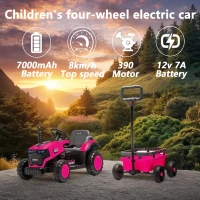 12V Kids Electric Ride-On Tractor with Bluetooth Music, 2-in-1 Tilting Trailer Bulldozer with Remote Control, 56.5" L x 19.5" W x 35" H, Magenta(m-5)