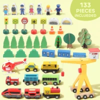 Qaba 133 Pcs Wooden Train Set with Track, Battery Towered Train, Crane, Bridge & Accessories, for Kids 3+ Years Old(m-5)