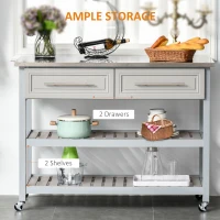 HOMCOM Kitchen Island with Stainless Steel Top, Traditional Kitchen Island with Storage, Butcher Block Cart 2-Tier Open Shelves, Drawers, Light Gray(m-5)