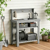 Outsunny Outdoor Potting Bench Table with Faucet, Removable Sink, Hooks and Storage Shelves, Wood Work Bench Workstation, Grey(m-10)