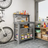 Outsunny Outdoor Potting Bench Table with Faucet, Removable Sink, Hooks and Storage Shelves, Wood Work Bench Workstation, Grey(m-7)