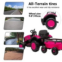 12V Kids Electric Ride-On Tractor with Bluetooth Music, 2-in-1 Tilting Trailer Bulldozer with Remote Control, 56.5" L x 19.5" W x 35" H, Magenta(m-8)
