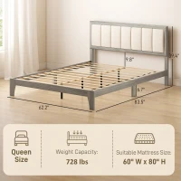HOMCOM Queen Bed Frame with Headboard Queen Platform Bed Frame with Wooden Slats No Box Spring Needed Easy Assembly Gray(m-3)