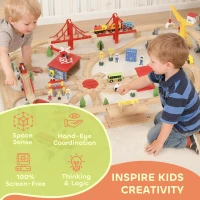 Qaba 133 Pcs Wooden Train Set with Track, Battery Towered Train, Crane, Bridge & Accessories, for Kids 3+ Years Old(m-4)