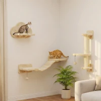 PawHut 3 PCs Cat Wall Climber with Scratching Post, Ladder, Perches, Cloud-Shaped Cat Shelves, Beige(m-11)