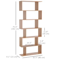 HOMCOM 76" 6-Tier Geometric Wooden Bookcase S Shaped Storage Display Bookshelf Modern shelf Open Concept Living Room Home Office Furniture, Maple(m-3)