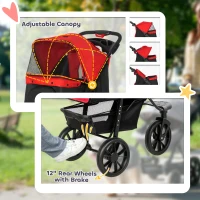 PawHut 3 Wheel Folding Dog Stroller, Travel Carrier with Adjustable Canopy, Storage Brake, Mesh Window for S&M Dogs, Red(m-7)