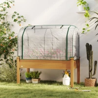 Outsunny Raised Garden Bed with PE Greenhouse Cover Outdoor Elevated Wood Planter Box for Herbs and Vegetables Sand(m-9)