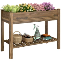Outsunny Elevated Planter Box w/ Legs and Storage Shelf, Raised Garden Bed, Elevated Wooden Planter Box, Carbonized(m-11)