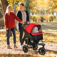 PawHut 3 Wheel Folding Dog Stroller, Travel Carrier with Adjustable Canopy, Storage Brake, Mesh Window for S&M Dogs, Red(m-8)
