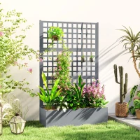 Outsunny Galvanized Raised Garden Bed Planter Box with Trellis for Climbing Plant Vegetable Vine, 43"x16"x70", Grey Wood Effect(m-1)