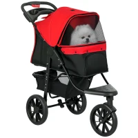 PawHut 3 Wheel Folding Dog Stroller, Travel Carrier with Adjustable Canopy, Storage Brake, Mesh Window for S&M Dogs, Red(m-11)