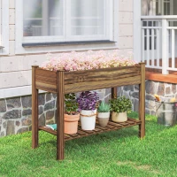 Outsunny Elevated Planter Box w/ Legs and Storage Shelf, Raised Garden Bed, Elevated Wooden Planter Box, Carbonized(m-9)