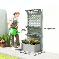 Outsunny Wooden Raised Garden Bed with Trellis and Roof, Elevated Planter Box with 2 Shelves, Drainage Hole and Liner, Grey(m-3)