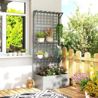 Outsunny Wooden Raised Garden Bed with Trellis and Roof, Elevated Planter Box with 2 Shelves, Drainage Hole and Liner, Grey(m-8)