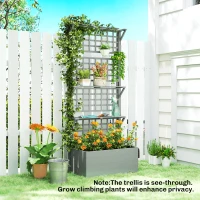 Outsunny Wooden Raised Garden Bed with Trellis and Roof, Elevated Planter Box with 2 Shelves, Drainage Hole and Liner, Grey(m-10)
