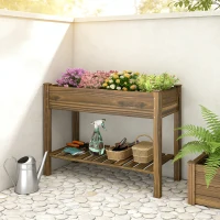 Outsunny Elevated Planter Box w/ Legs and Storage Shelf, Raised Garden Bed, Elevated Wooden Planter Box, Carbonized(m-10)