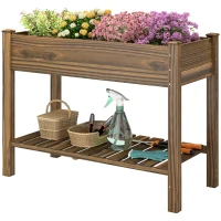 Outsunny Elevated Planter Box w/ Legs and Storage Shelf, Raised Garden Bed, Elevated Wooden Planter Box, Carbonized(m-2)