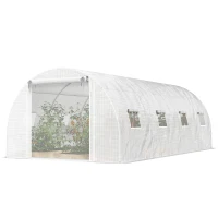 Outsunny Walk-in Tunnel Greenhouse with 2 Support Rods, Mesh Door, Plant Hot House with PE Cover, 20'x10'x7', White(m-2)