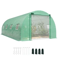 Outsunny Walk-in Tunnel Greenhouse with 2 Support Rods, Mesh Door, Plant Hot House with PE Cover, 20'x10'x7', Green(m-11)