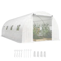 Outsunny Walk-in Tunnel Greenhouse with 2 Support Rods, Mesh Door, Plant Hot House with PE Cover, 20'x10'x7', White(m-11)