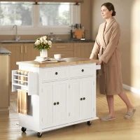 HOMCOM Kitchen Island Cart with Rubber Wood Top, Rolling Kitchen Island Table on Wheels with Drawers, Adjustable Shelves, Spice Rack and Towel Rack for Dining Room, White(m-8)