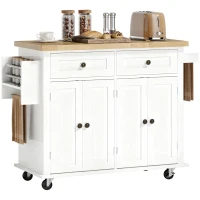 HOMCOM Kitchen Island Cart with Rubber Wood Top, Rolling Kitchen Island Table on Wheels with Drawers, Adjustable Shelves, Spice Rack and Towel Rack for Dining Room, White(m-11)