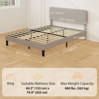HOMCOM Queen Size Bed Frame with Adjustable Upholstered Headboard Platform Bed Frame Wood Slat Support Noise Free Light Grey(m-3)