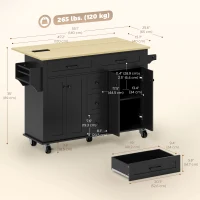 HOMCOM Kitchen Island Cart with Power Outlet & Drop Leaf, 55" Rolling Kitchen Island on Wheels with Storage, Black(m-3)