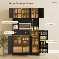 HOMCOM 68" Pantry Cabinet with Charging Station, Kitchen Storage Cabinet with Microwave Stand, 4 Door Racks, Black(m-4)