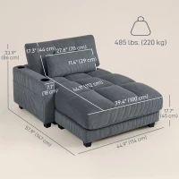 HOMCOM 58" Chaise Lounge Indoor, Oversized Corduroy Sofa Bed with 2 Cup Holders, Pillow, Deep Seat Sleeper Couch, Dark Grey(m-3)