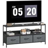 HOMCOM TV Stand with Charging Station, TV Table with 3 Foldable Linen Drawers and Open Shelf for 55 Inch Television, Black(m-11)