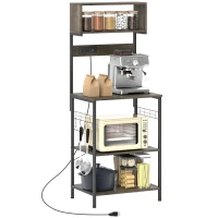 HOMCOM Baker's Rack with Charing Station, Microwave Shelf with Power Outlet, USB Charger and 5 Hooks, Distressed Grey(m-11)
