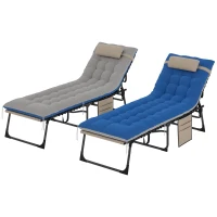 Outsunny Outdoor Lounge Chair Set of 2, Folding Chaise Lounge Tanning Chair with Cushion, Side Pocket, Brown/Blue(m-11)
