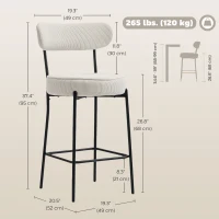 HOMCOM Set of 2 Barstools, Upholstered Corduroy Bar Stools with Backrest, Footrest for Kitchen Island, Dining Room, Cream White(m-3)