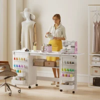 HOMCOM Folding Craft Table, Rolling Sewing Machine Table with Magnetic Doors, Bins, Pegs, Storage Shelf, Lockable Wheels, White(m-8)