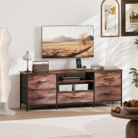 HOMCOM TV Stand for TVs up to 65 Inch, Industrial TV Console with Charging Station, 5 Drawers and Open Shelves, Rustic Brown(m-9)