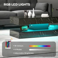 HOMCOM Coffee Table with Adjustable LED Lights, Center Table with 2 Drawers, Open Shelf, Remote, High Gloss Marble-Effect Black(m-4)