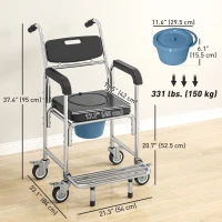 HOMCOM 3-in-1 Shower Commode Wheelchair, Transport Beside Commode Chair with Padded Seat for the Elderly, Disabled(m-3)