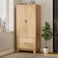 HOMCOM Modern Wardrobe Closet, Freestanding Armoire with Soft-Close Doors, 2 Drawers and Hanging Rod for Bedroom, Natural(m-1)