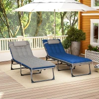 Outsunny Outdoor Lounge Chair Set of 2, Folding Chaise Lounge Tanning Chair with Cushion, Side Pocket, Brown/Blue(m-10)
